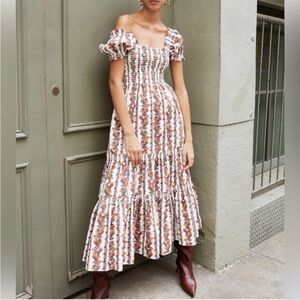 O.P.T Daphne Smocked Puff Sleeve Tiered Floral Midi Dress Size XS Cottagecore